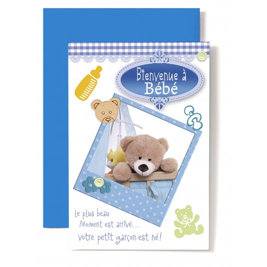 Carte Double Naissance Ourson dans lit &agrave; barreaux