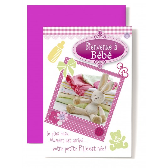 Carte Double Naissance Lapin beige devant bodies