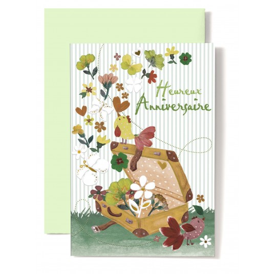 Carte Double Anniversaire Valise, fleurs qui s'envolent