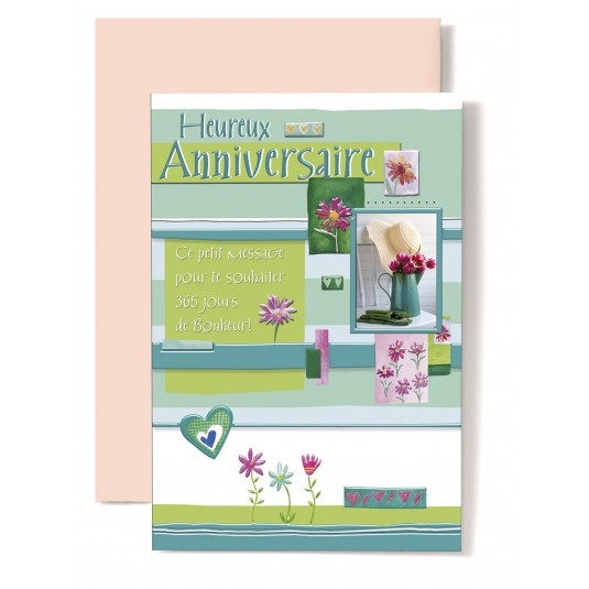 Carte Double Anniversaire Chapeau de paille, fleur et gants