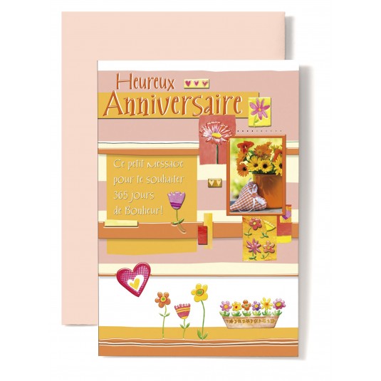 Carte Double Anniversaire Fleurs oranges, jaunes, coeur vichy orange/blanc