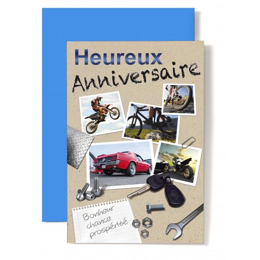 Carte Double Anniversaire Photo de motos, voiture et v&eacute;los