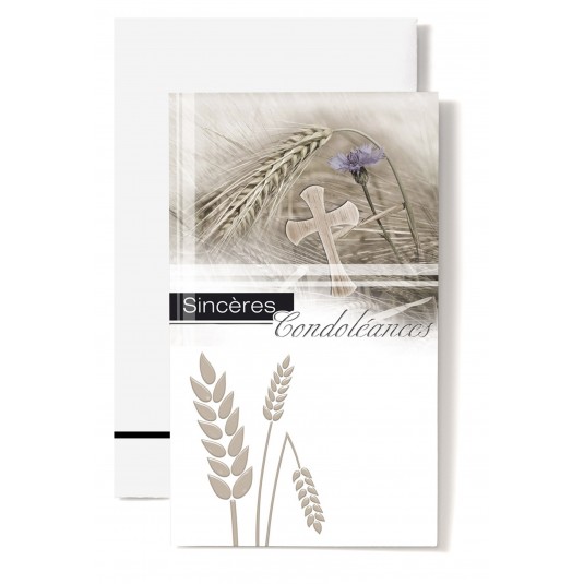 Carte Double Condol&eacute;ances Epis de bl&eacute;, croix et oeillet