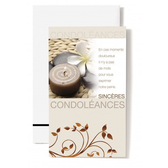 Carte Double Condol&eacute;ances Bougie, fleur blanche sur paille tress&eacute;e