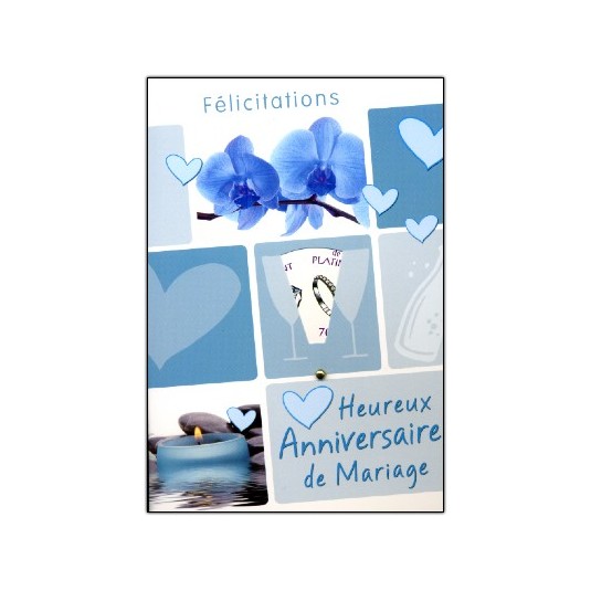 Carte Double Anniversaire De Mariage Orchid&eacute;e et coeurs bleus