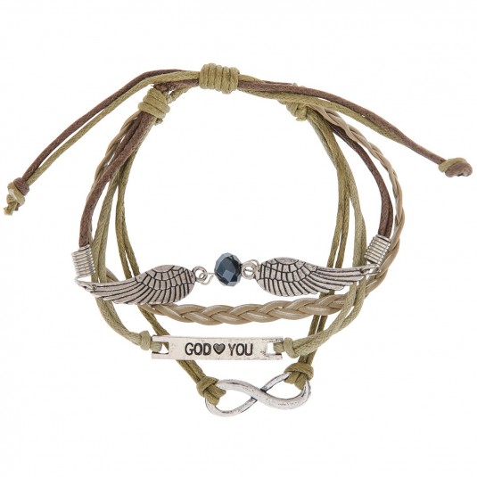 Bracelet cuir beige, ailes en métal, pierre facettée