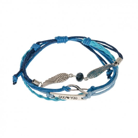Bracelet cuir bleu, ailes en métal, pierre facettée