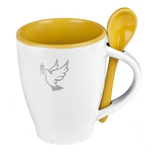 Mug avec cuillère Colombe int. jaune "Je vous donne ma paix"