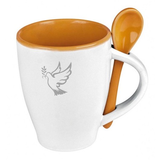 Mug avec cuillère Colombe int. orange "Je vous donne ma paix"