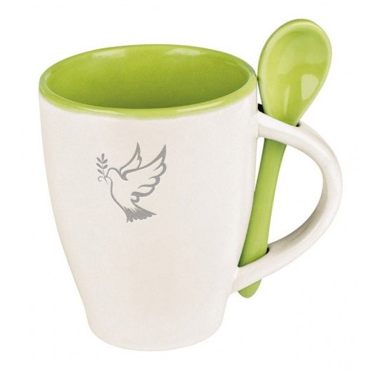 Mug avec cuillère Colombe int. vert "Je vous donne ma paix"