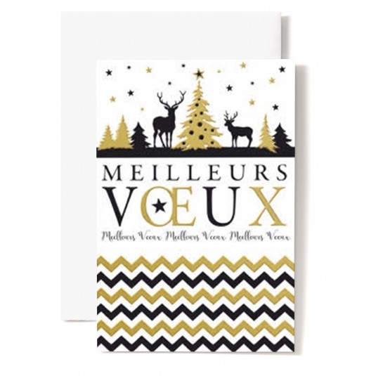 CARTE DOUBLE Meilleurs V&oelig;ux 2 Cerfs, sapin, &eacute;toiles