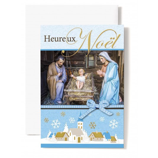 CARTE DOUBLE Heureux Noël Jésus, Marie, Joseph, village, flocon