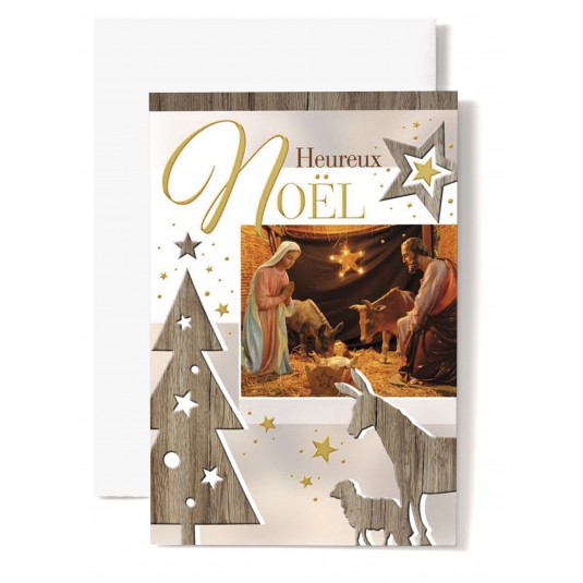 CARTE DOUBLE Heureux No&euml;l J&eacute;sus, Marie, Joseph, sapin, &acirc;ne, mouton