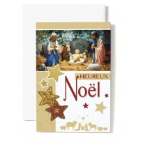 CARTE DOUBLE Heureux No&euml;l J&eacute;sus, Marie, Joseph, &eacute;toiles jaune et rouge
