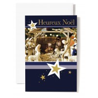 CARTE DOUBLE Heureux No&euml;l Cr&egrave;che, moutons et villageois