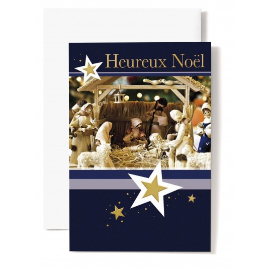 CARTE DOUBLE Heureux No&euml;l Cr&egrave;che, moutons et villageois