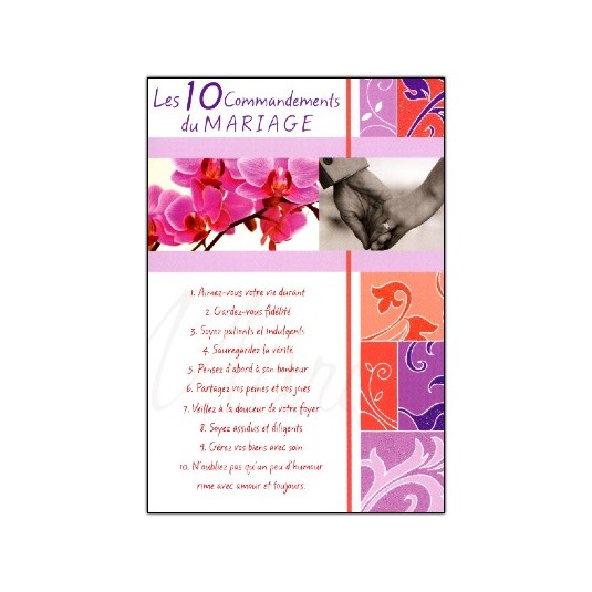 Carte Double Mariage 10 commandements, mains et orchidées