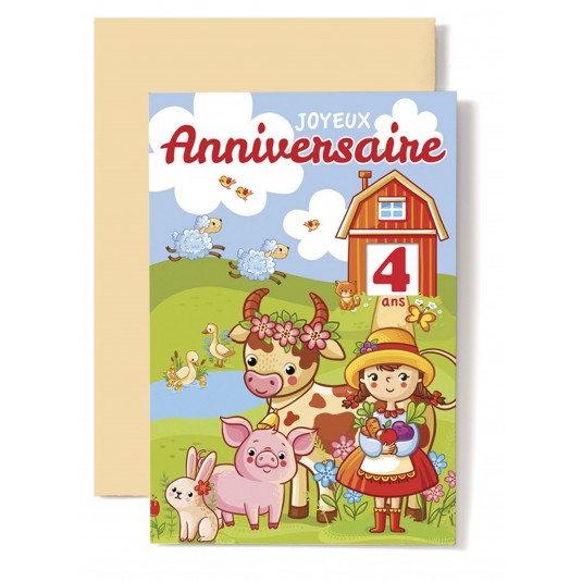 Carte Double Anniversaire Fillette, lapin, cochon, vache