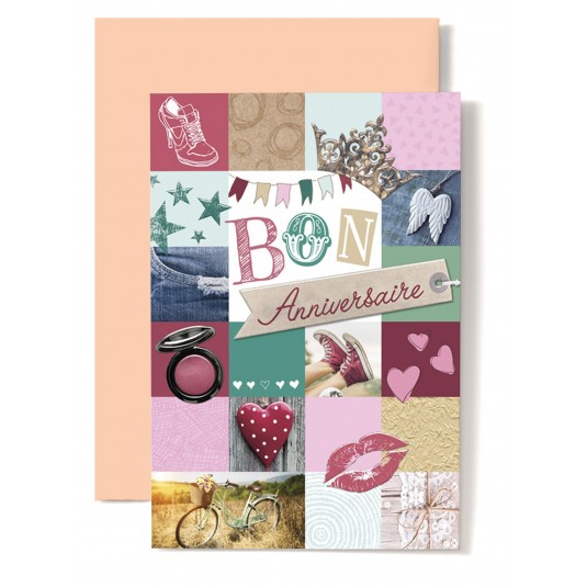 Carte Double Anniversaire Converse rouge, v&eacute;lo, miroir.