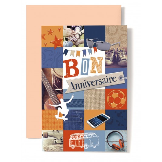 Carte Double Anniversaire Converse bleue, skateboard, guitare.