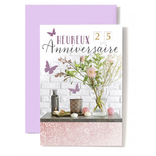 Carte Double Anniversaire Fleurs roses dans vase, papillons roses.