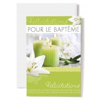 Carte Double Bapt&ecirc;me avec Lys blancs, bougie verte