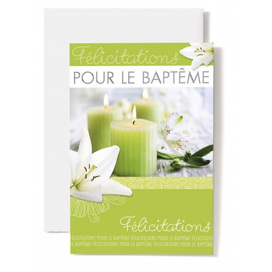Carte Double Bapt&ecirc;me Lys blancs, bougie verte.
