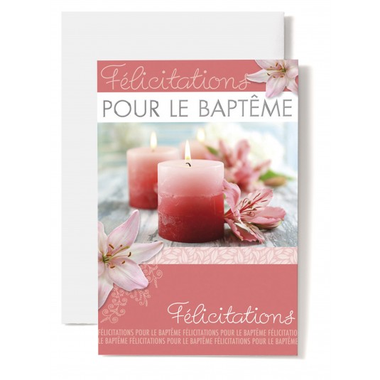 Carte Double Bapt&ecirc;me Lys roses, bougie rose.