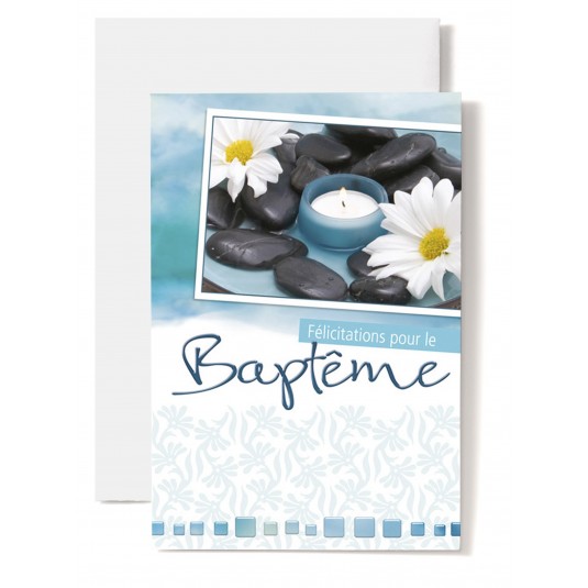 Carte Double Bapt&ecirc;me Marguerites, bougie bleue, galets.