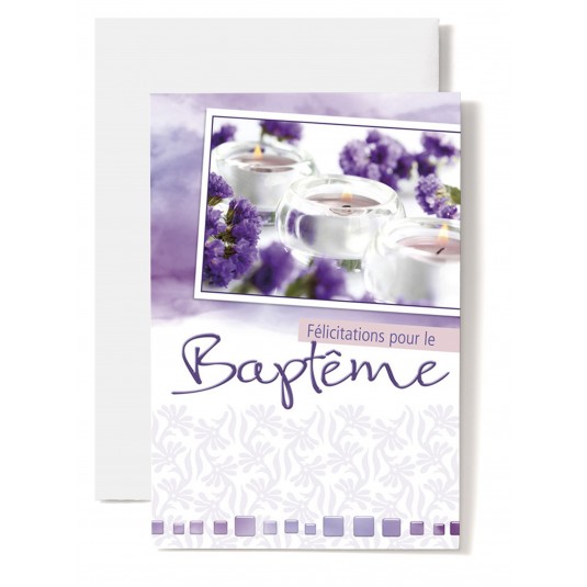 Carte Double Baptême Fleurs violettes, bougies.