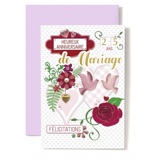 Carte Double Anniversaire De Mariage Coeurs, colombes, rose rouge.