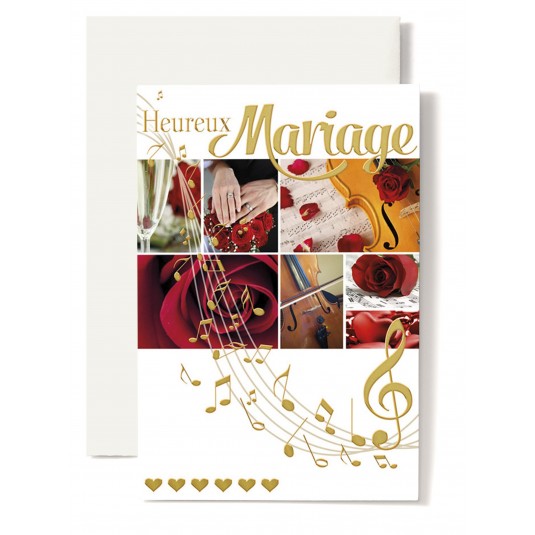 Carte Double Mariage Violoncelle, rose rouge, mains.