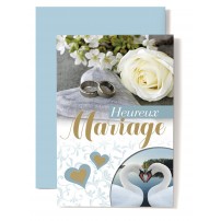 Carte Double Mariage Rose blanche, alliances, cignes.
