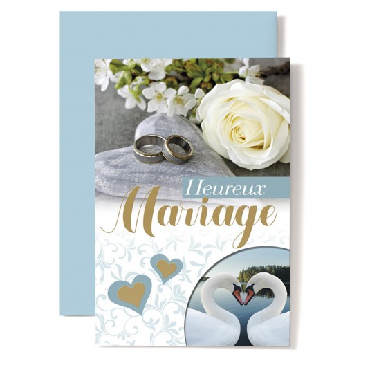 Carte Double Mariage Rose blanche, alliances, cignes.
