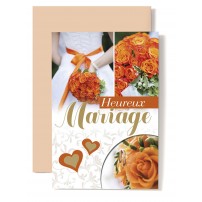 Carte Double Mariage Bouquet orange, coeur orange.