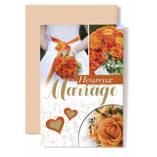 Carte Double Mariage Bouquet orange, coeur orange.