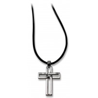 Pendentif croix évidée en métal et cordon