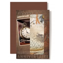Carte Double Anniversaire Montre gousset, machine &agrave; &eacute;crire