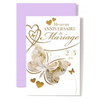 Carte Double Anniversaire De Mariage Papillons sur fond de roses blanches