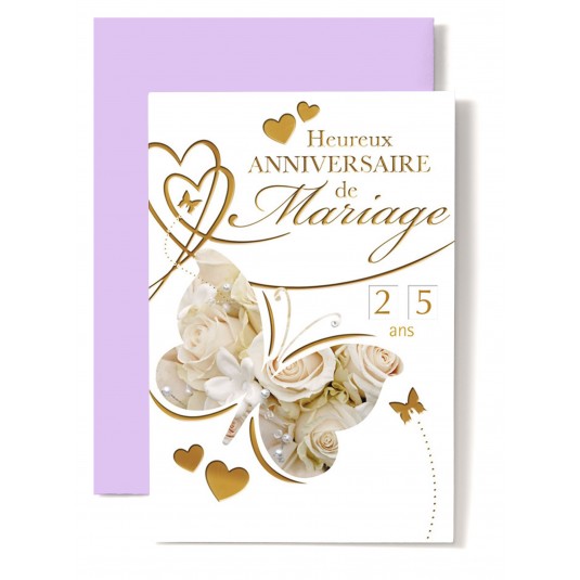 Carte Double Anniversaire De Mariage Papillons sur fond de roses blanches