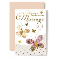 Carte Double Anniversaire De Mariage 2 papillons sur fond de roses