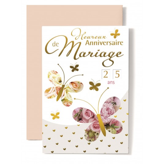 Carte Double Anniversaire De Mariage 2 papillons sur fond de roses