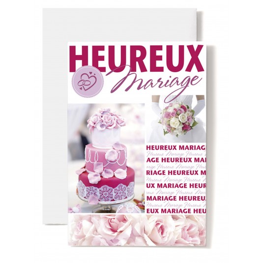 Carte Double Mariage Pièce montée, bouquet rose et blanc