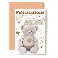 Carte Double Naissance Ourson, sucette, pied, ballon en coeur.