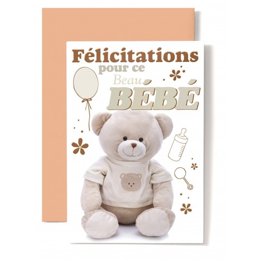 Carte Double Naissance Ourson, sucette, pied, ballon en coeur.