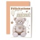 Carte Double Naissance Ourson, sucette, pied, ballon en coeur.