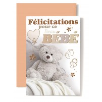 Carte Double Naissance Ourson, ballon, biberon, hochet.