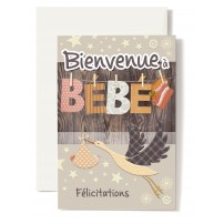 Carte Double Naissance Cigogne corps orange, chaussons oranges.