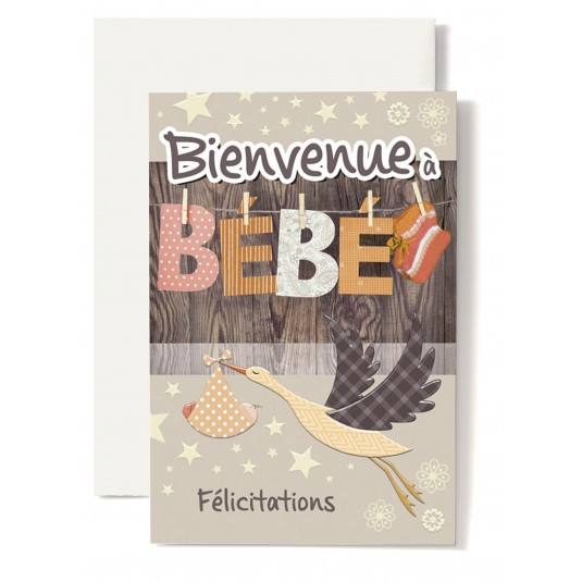 Carte Double Naissance Cigogne corps orange, chaussons oranges.