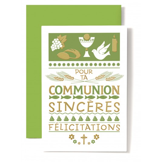 Carte Double Communion Coupe, colombe, raisin, bougies.